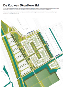 Sfeerimpressie van de groene binnenhof in Kop van Skoatterwâld met gras, bomen en wandelpaden tussen de woningen.