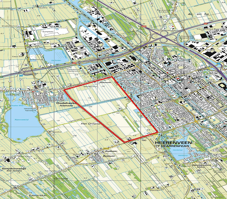 Plankaart Heerenveen West met aan de linkerkant Oudehaske en rechts Heerenveen.