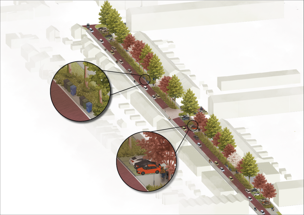 Lange straat met rijbaan en naast de bomen parkeerplaatsen en stoepen
